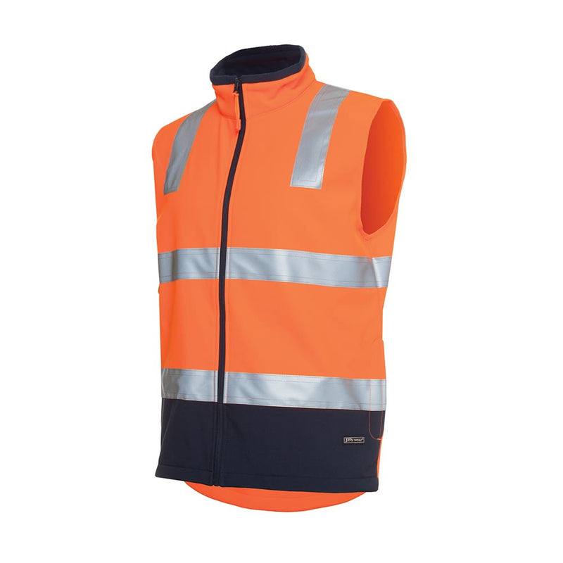 Load image into Gallery viewer, JB's Hi Vis Day/Night Soft Shell Vest, bright orange with silver reflective tape, features a zip front, durable navy lower section, and side pockets, ideal for safety in diverse work environments.
