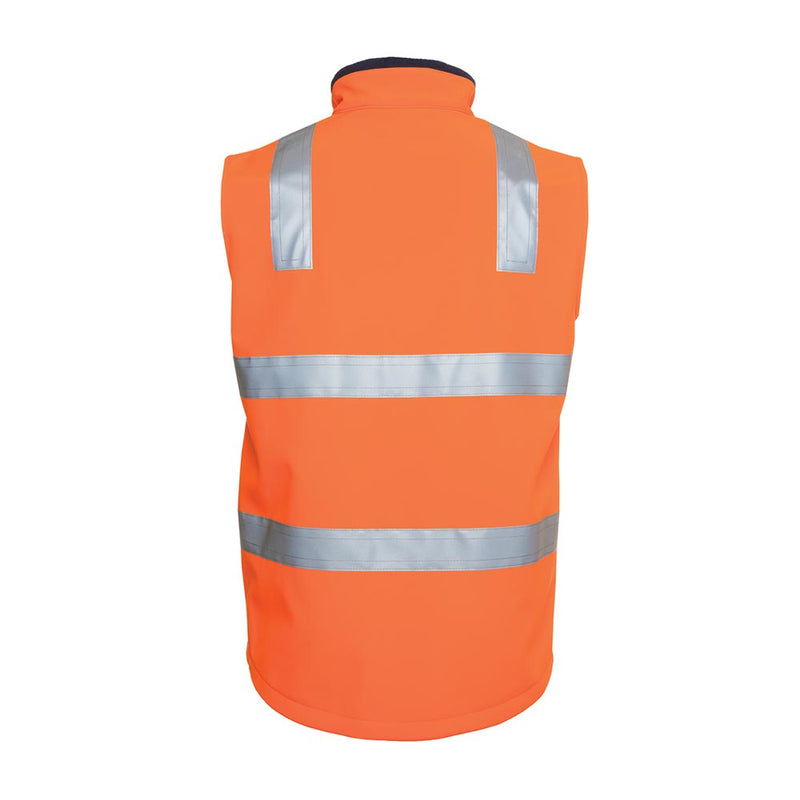 Load image into Gallery viewer, JB's Hi Vis Day/Night Soft Shell Vest features bright orange fabric with reflective silver bands, zippered hand pockets, and adjustable hem, designed for durability and safety compliance, ideal for workplace environments.
