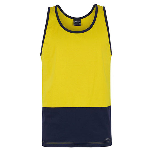 JB's Hi Vis Cotton Singlet featuring a classic fit, straight hem, and contrast dust panel, designed for safety and comfort, ideal for active workplaces.