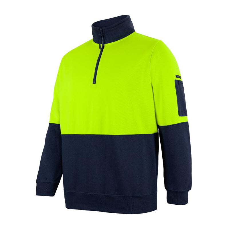 Load image into Gallery viewer, JB's Hi Vis Half Zip Polar Fleece Sweater with neon yellow upper and navy blue lower, featuring a quarter-zip collar and a pen pocket on the sleeve, ideal for workplace safety.
