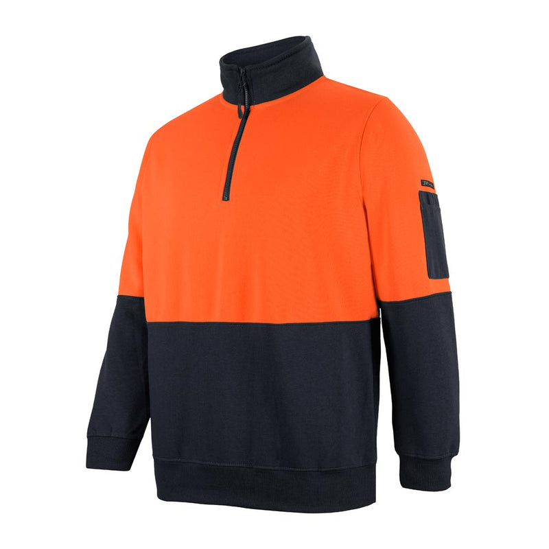 Load image into Gallery viewer, JB's Hi Vis Half Zip Polar Fleece Sweater features a high collar, half-length zipper, ribbed cuffs, and a sleeve pocket. Ideal for safety-focused workplaces, blending durability with comfort in its design.
