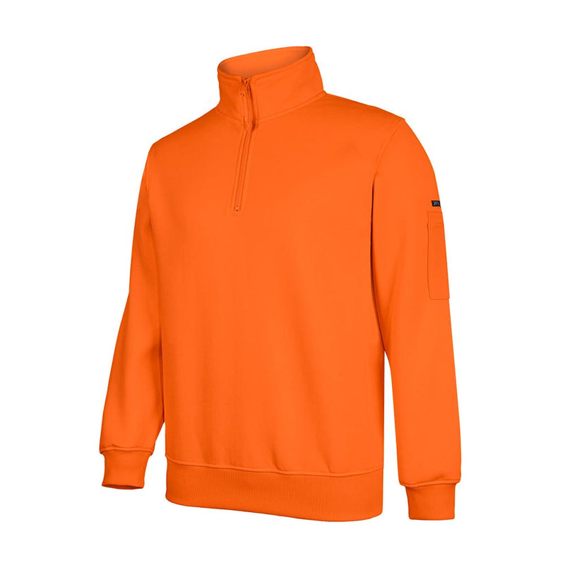 Load image into Gallery viewer, JB's Hi Vis Half Zip Polar Fleece Sweater features a high collar with a short zipper, ribbed cuffs and hem, and a sleeve pen pocket, ideal for safety-focused work environments.
