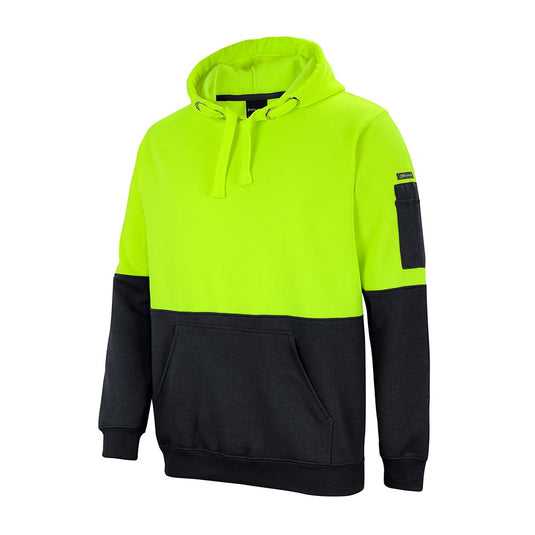 JB's Hi Vis Fleece Pullover Hoodie features a fluorescent yellow-green top with a black bottom, drawstring hood, front kangaroo pocket, and a sleeve utility pocket, ideal for safety and comfort.