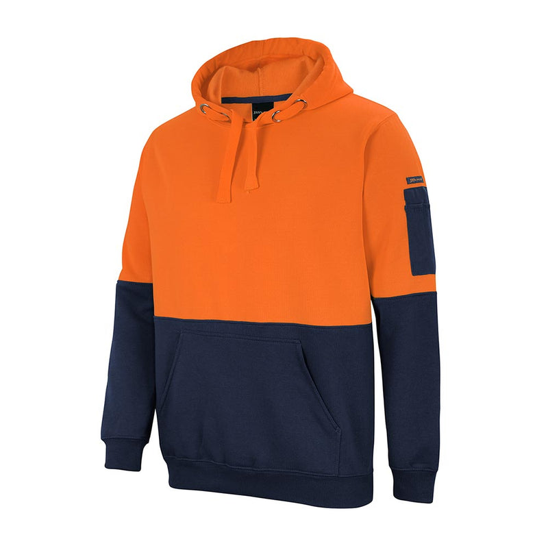 Load image into Gallery viewer, JB's Hi Vis Fleece Pullover Hoodie features a two-tone design with bright orange upper and deep navy lower sections, a kangaroo pocket, drawstring hood, ribbed cuffs, and a sleeve patch pocket.

