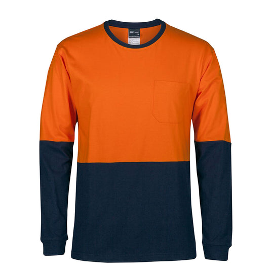 JB's Hi Vis Long Sleeve Crew Neck Cotton T-Shirt, featuring a classic fit and straight hem with side splits, offers 100% cotton comfort, certified for UPF 50+ protection, suitable for daytime safety use.