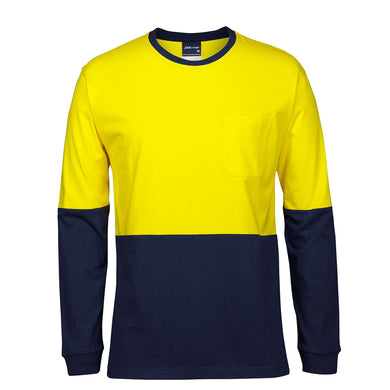 JB's Hi Vis Long Sleeve Crew Neck Cotton T-Shirt featuring a classic fit with straight hem and side splits, crafted from 100% cotton for comfort. Certified for visibility and UPF 50+ sun protection.