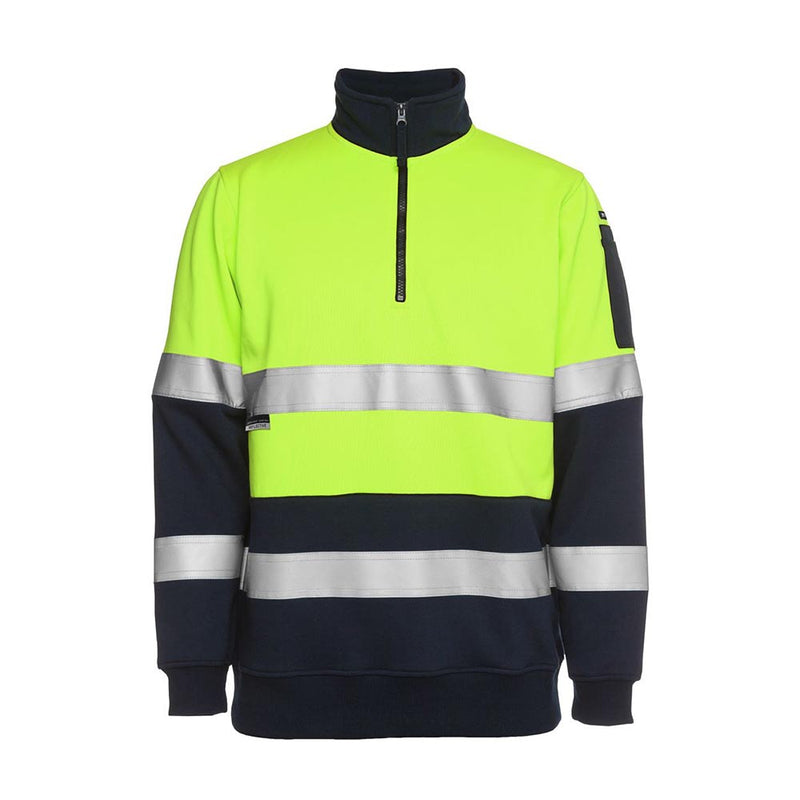 Load image into Gallery viewer, JB's Hi Vis Half Zip Taped Fleece Sweater features a fluorescent yellow-green upper, navy lower, and silver reflective stripes. It includes a quarter-zip neck, sleeve zip pocket, and complies with safety standards.
