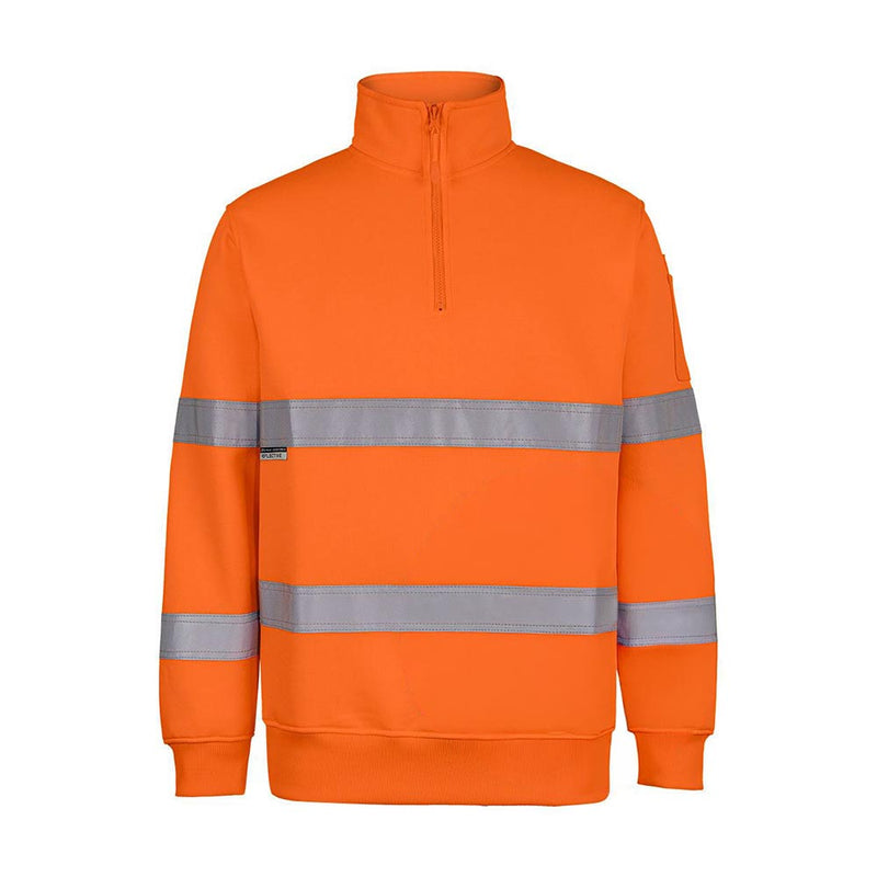 Load image into Gallery viewer, JB's Hi Vis Half Zip Taped Fleece Sweater: A bright orange safety pullover with reflective bands on torso and sleeves, featuring a quarter-zip style, pen pocket, ribbed cuffs, and contrast front panel.

