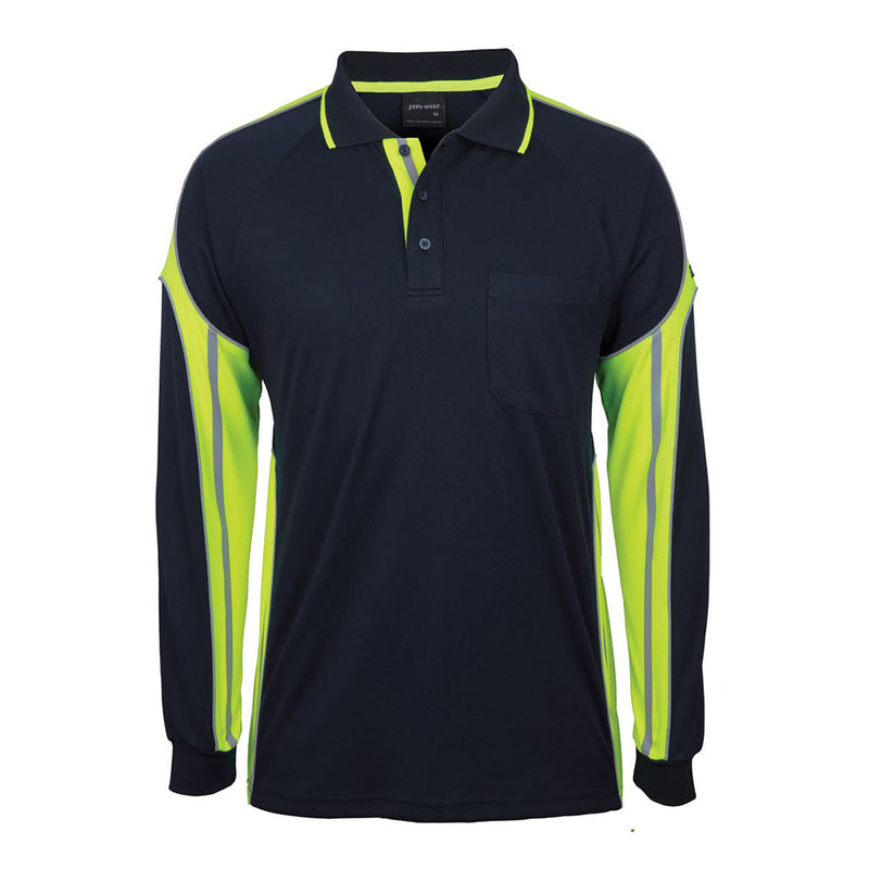 Load image into Gallery viewer, JB’s Long Sleeve Street Panel Polo features dark mesh fabric with neon-yellow panels, reflective striping, a reinforced chest pocket, and moisture-wicking technology, ideal for safety-focused, high-visibility work environments.
