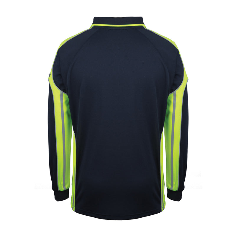 Load image into Gallery viewer, JB’s Long Sleeve Street Panel Polo features a navy base with neon-yellow/green high-visibility panels and reflective stripes, ensuring safety. Ideal for workplaces, it includes a reinforced chest pocket and moisture-wicking fabric.
