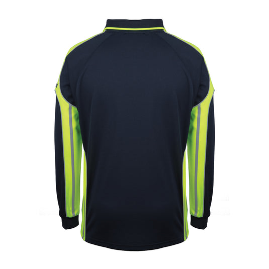JB’s Long Sleeve Street Panel Polo features a navy base with neon-yellow/green high-visibility panels and reflective stripes, ensuring safety. Ideal for workplaces, it includes a reinforced chest pocket and moisture-wicking fabric.