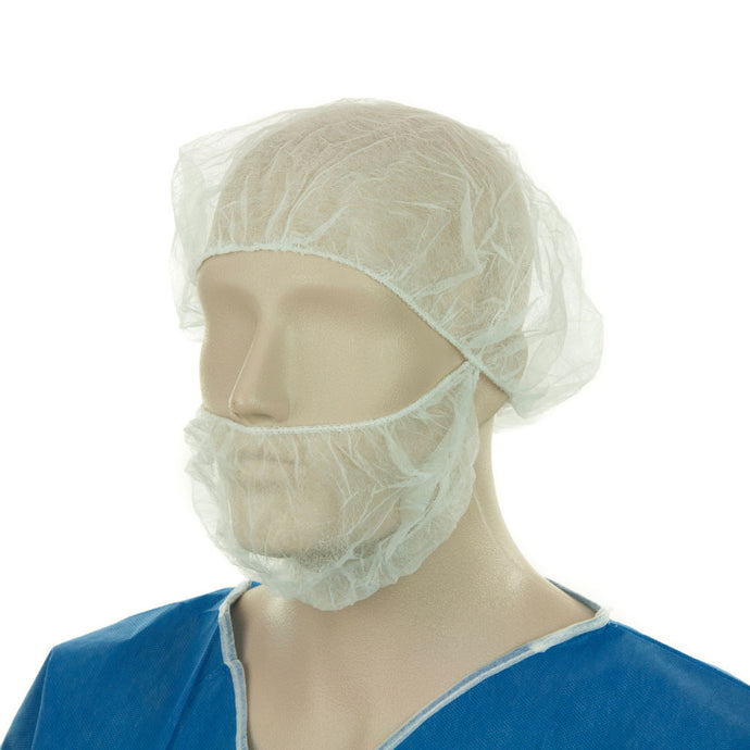 Mannequin displaying Bastion Disposable Beard Protector, Single Loop: Carton/1000, paired with a matching bouffant cap and scrub top, ideal for hygienic environments like medical or food-service settings.