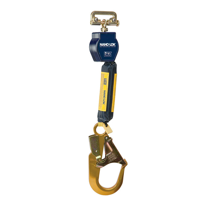 3M DBI-SALA Nano-Lok Single Leg SRL w/ Scaffold Hook, 1.8m, featuring a compact, lightweight design with a swivel attachment, blue housing, and a gold snap-hook for secure harness connection.