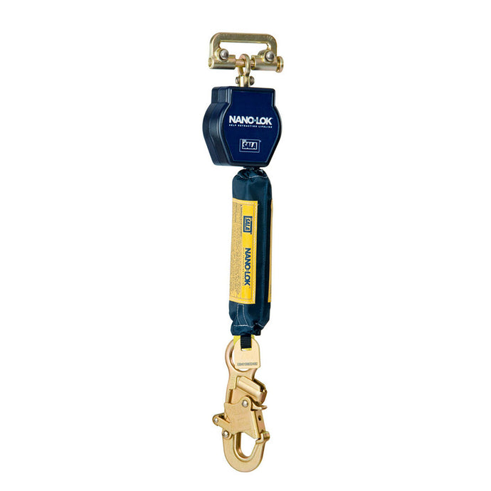 3M DBI-SALA Nano-Lok Single Leg SRL w/ Snap Hook, 1.8m, features a compact, ergonomic design with a spring-loaded cable, energy-absorbing pack, and swivel snap hook for secure harness connection.