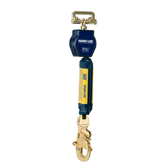 3M DBI-SALA Nano-Lok Single Leg SRL w/ Snap Hook, 1.8m, features a compact, ergonomic design with a spring-loaded cable, energy-absorbing pack, and swivel snap hook for secure harness connection.