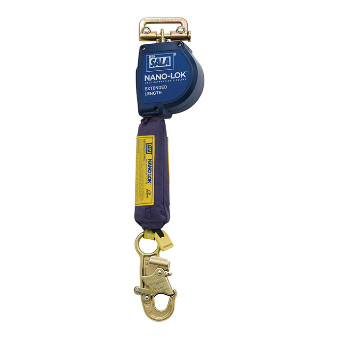 3M DBI-SALA Nano-Lok Extended Length Single Leg SRL, 3.4m, features a compact, rugged polymer case with steel swivel and locking snap hook, ideal for industrial fall protection.