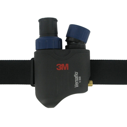 3M Versaflo V-500E Supplied Air Regulator, featuring a belt-mounted blower unit, two hoses with blue caps, and connectors, designed for delivering pressurized, filtered air for enhanced workplace safety.