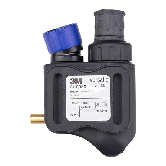 3M Versaflo V-500E Supplied Air Regulator, belt-mounted unit featuring hose connectors, pressure fittings, and CE marking, designed for consistent airflow in safety equipment systems, tailored for workplace safety solutions.