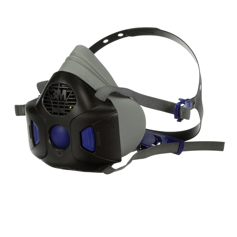 Load image into Gallery viewer, 3M Secure Click Half Face Reusable Respirator: Large, featuring adjustable head straps, front-mounted filter cartridge, and a low-profile design for enhanced comfort and protection against particulates, gases, and vapors.
