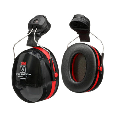 3M Peltor Optime III Helmet Earmuff H540P3GS/E, Class 5, featuring adjustable wire-frame mounts and red accents, designed for high-noise environments, compatible with helmets, showcasing double-casing technology for enhanced noise reduction.