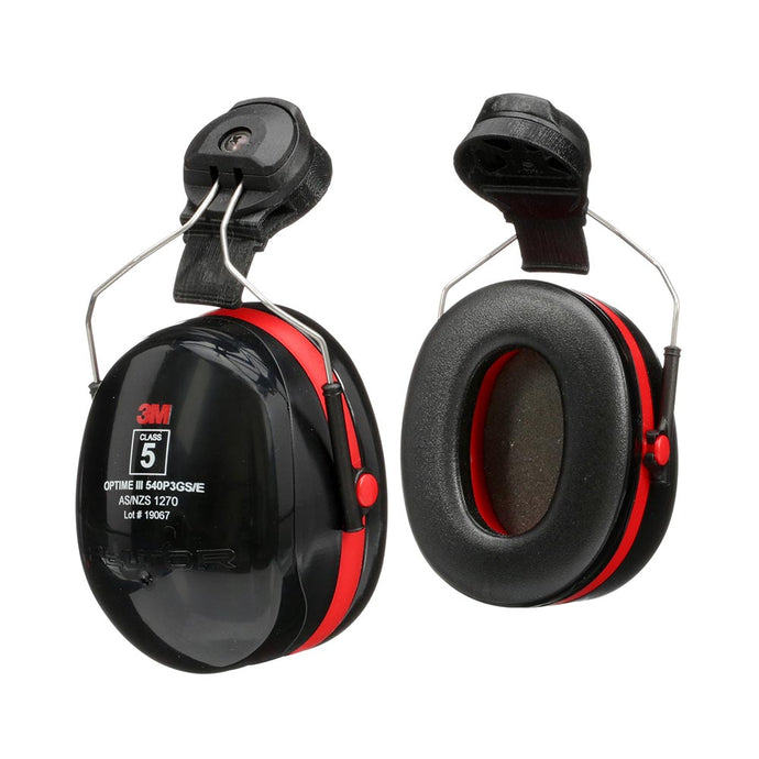 3M Peltor Optime III Helmet Earmuff H540P3GS/E, Class 5, featuring adjustable wire-frame mounts and red accents, designed for high-noise environments, compatible with helmets, showcasing double-casing technology for enhanced noise reduction.