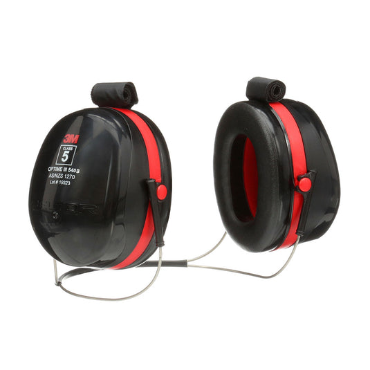 3M Peltor Optime III H540B Neckband Earmuff Black/Red, Class 5, designed for extreme noise reduction, features padded cushions and a thin metal headband, suitable for PPE integration in loud environments.
