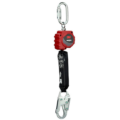 3M Protecta 3100640 Self-Retracting Lifeline: 1.8M features a locking carabiner, red housing with retraction mechanism, shock-absorbing lanyard, and heavy-duty snap hook for secure harness attachment.