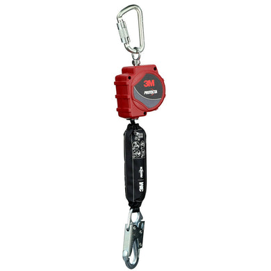 3M Protecta 3100647 Self-Retracting Lifeline: 3.4M, featuring a rugged red housing with retractable webbing, a locking carabiner, shock-absorbing sleeve, and heavy-duty snap hook for fall protection.