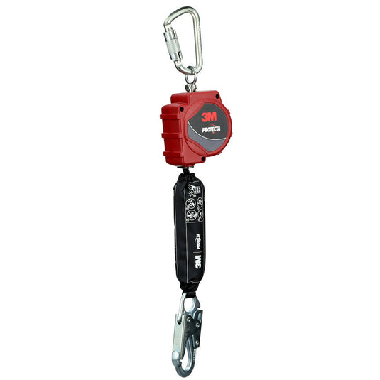 3M Protecta 3100647 Self-Retracting Lifeline: 3.4M, featuring a rugged red housing with retractable webbing, a locking carabiner, shock-absorbing sleeve, and heavy-duty snap hook for fall protection.