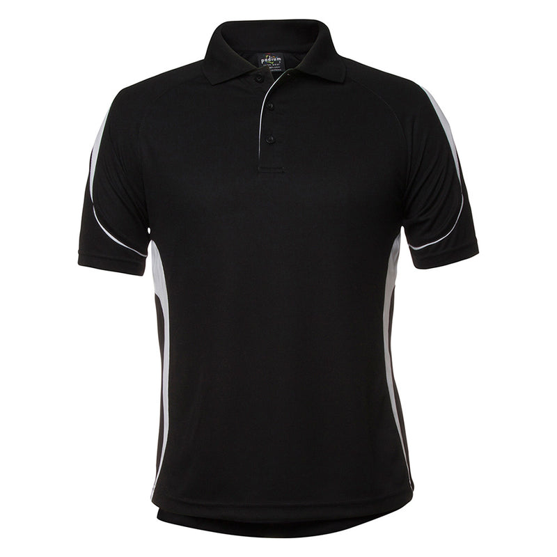 Load image into Gallery viewer, JB's Bel Polo Shirt features a sleek design with white accent panels and piping on a black short-sleeve polo, ideal for active safety environments with its moisture-wicking and quick-drying polyester fabric.
