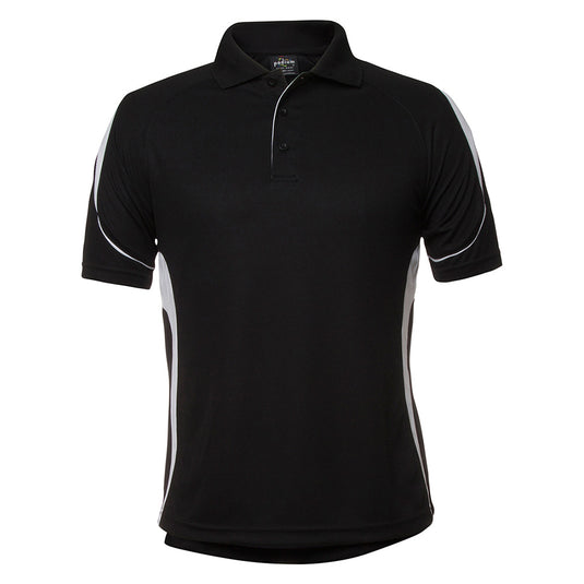 JB's Bel Polo Shirt features a sleek design with white accent panels and piping on a black short-sleeve polo, ideal for active safety environments with its moisture-wicking and quick-drying polyester fabric.