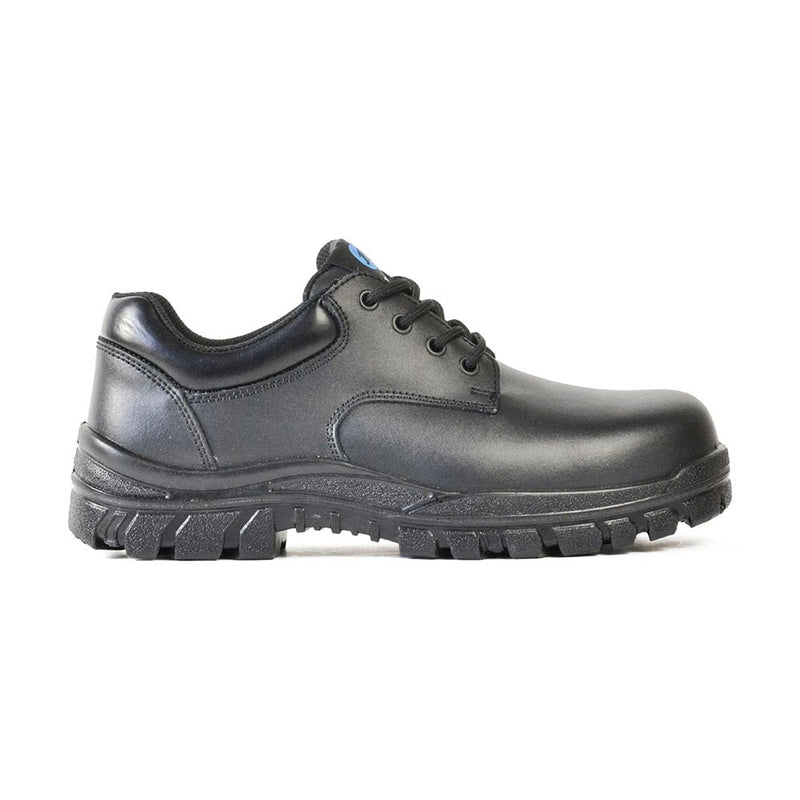 Load image into Gallery viewer, Bata Neptune Lace Up Safety Shoe, Black: A low-cut, black lace-up work shoe featuring a steel toe cap, thick treaded sole, and smooth leather upper, ideal for industrial safety and comfort.

