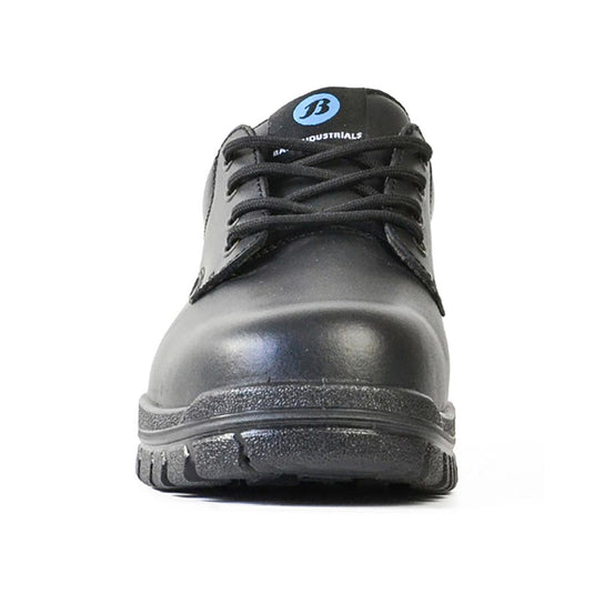 Bata Neptune Lace Up Safety Shoe, Black, featuring a low-cut design with a rounded toe and sturdy sole. Ideal for workplace safety with steel toecap and slip-resistant, heat-resistant outsole.