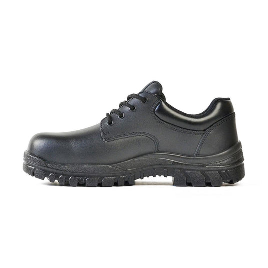 Bata Neptune Lace Up Safety Shoe, Black, featuring a derby style with a smooth leather upper, steel toecap, and thick, lugged sole for enhanced grip, ideal for workplace safety and comfort.