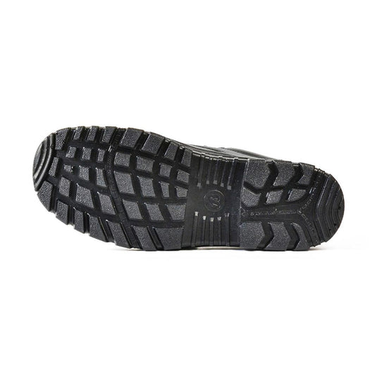 Bata Neptune Lace Up Safety Shoe, Black, showcases a durable black rubber outsole with a deep, lug-style tread for enhanced traction, ideal for workers needing reliable safety in demanding environments.