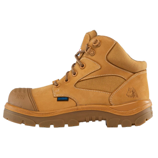 Steel Blue Parkes EH Zip Composite Safety Boot, Wheat, shown as a rugged hiker-style ankle boot with a durable industrial zipper, scuff cap, and premium water-resistant nubuck leather, ideal for safety-focused work environments.