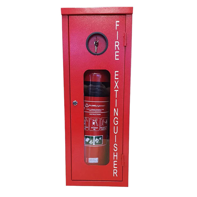 Flamefighter Lockable Extinguisher Cabinet, made of galvanised steel with a high-quality red powder-coated finish, features a breakable glass window and lockable design, suitable for extinguishers up to 9kg.