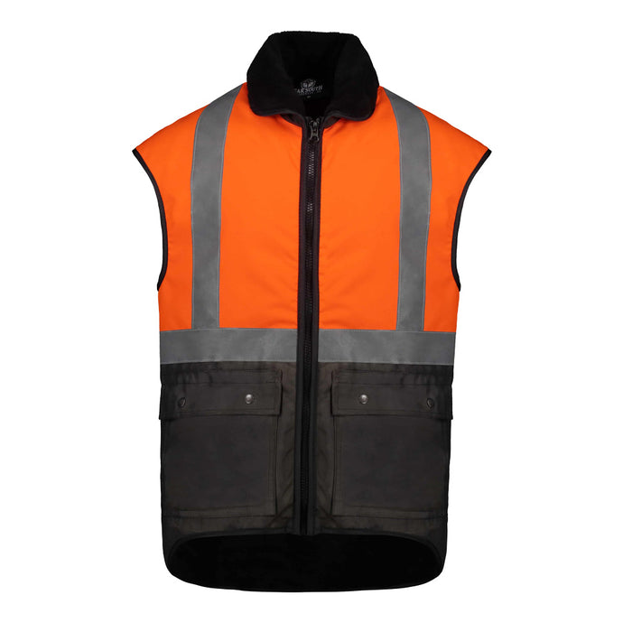 Close-up of the Far South Hi Vis Taped Oilskin Vest, showcasing the water-resistant material, reflector tape, heavy-duty zip, and double-action pockets, highlighting its durable design for safety and warmth.
