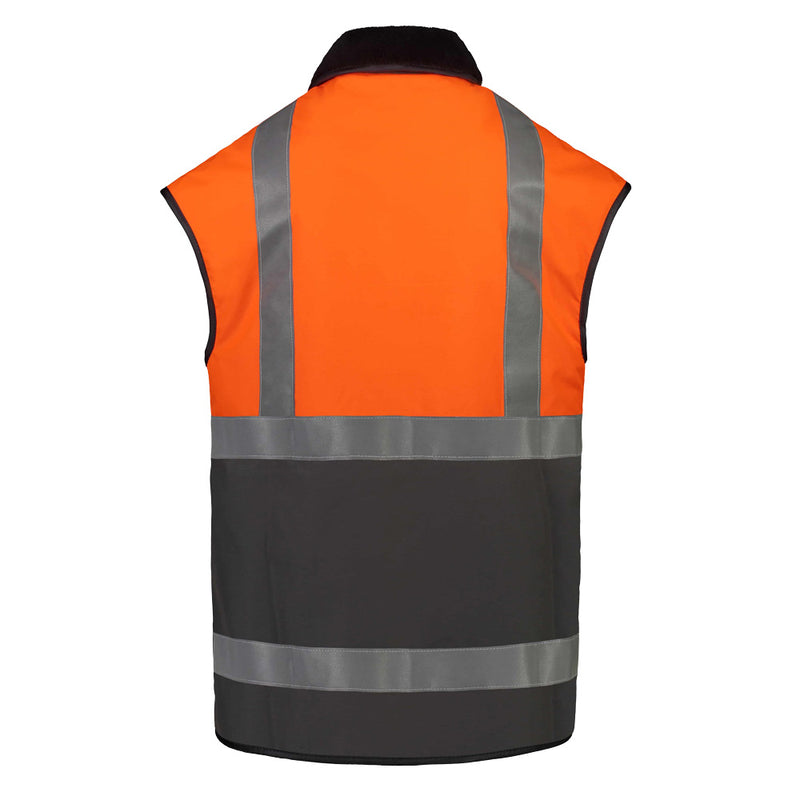 Load image into Gallery viewer, Far South Hi Vis Taped Oilskin Vest, Orange/Brown, featuring a durable, water-resistant design with reflector tape, heavy fur lining, and double-action pockets for enhanced warmth and safety in work environments.
