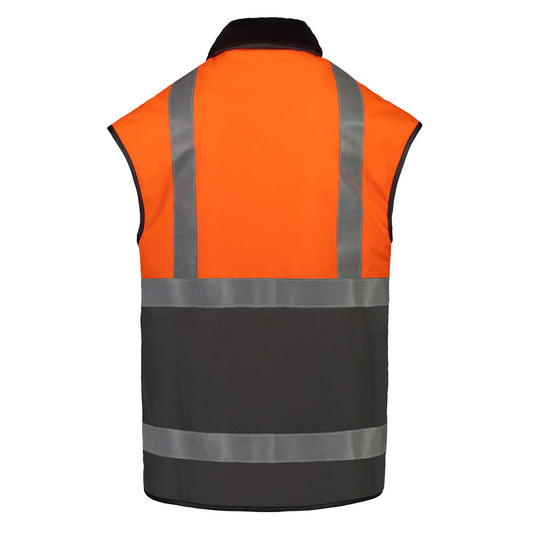 Far South Hi Vis Taped Oilskin Vest, Orange/Brown, featuring a durable, water-resistant design with reflector tape, heavy fur lining, and double-action pockets for enhanced warmth and safety in work environments.