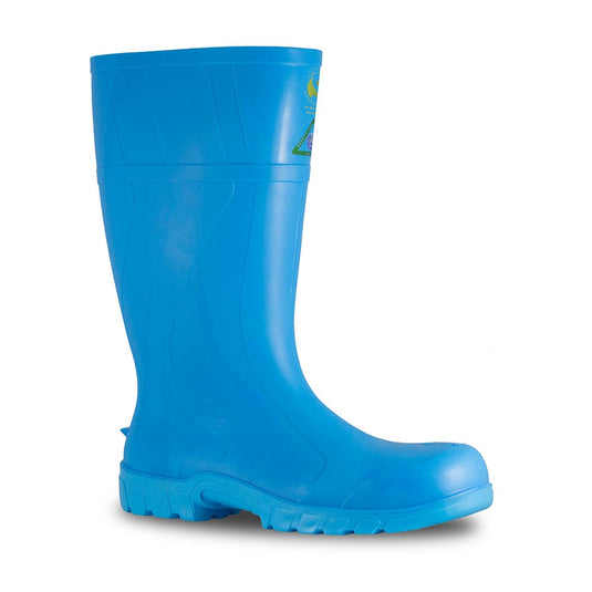 Bata Safemate Gumboots, Blue, a Wellington-style rain boot crafted from durable PVC, features a broad toe design and cushioned insole, offering robust slip resistance and electric hazard protection for safe industrial use.