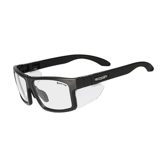 Cross Fit Smart Vue Photochromic Safety Glasses: Clear, featuring black frames with clear lenses, detachable clear side shields, and SCOPE labeled temples; designed for customizable fit and workplace safety.