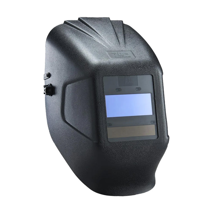 Auto Darkening Welding Helmet (Shade 5-12) with a blue screen, designed for welders' safety. Features include auto-darkening ADF, arc light sensors, and a USB rechargeable battery for enhanced protection and convenience.