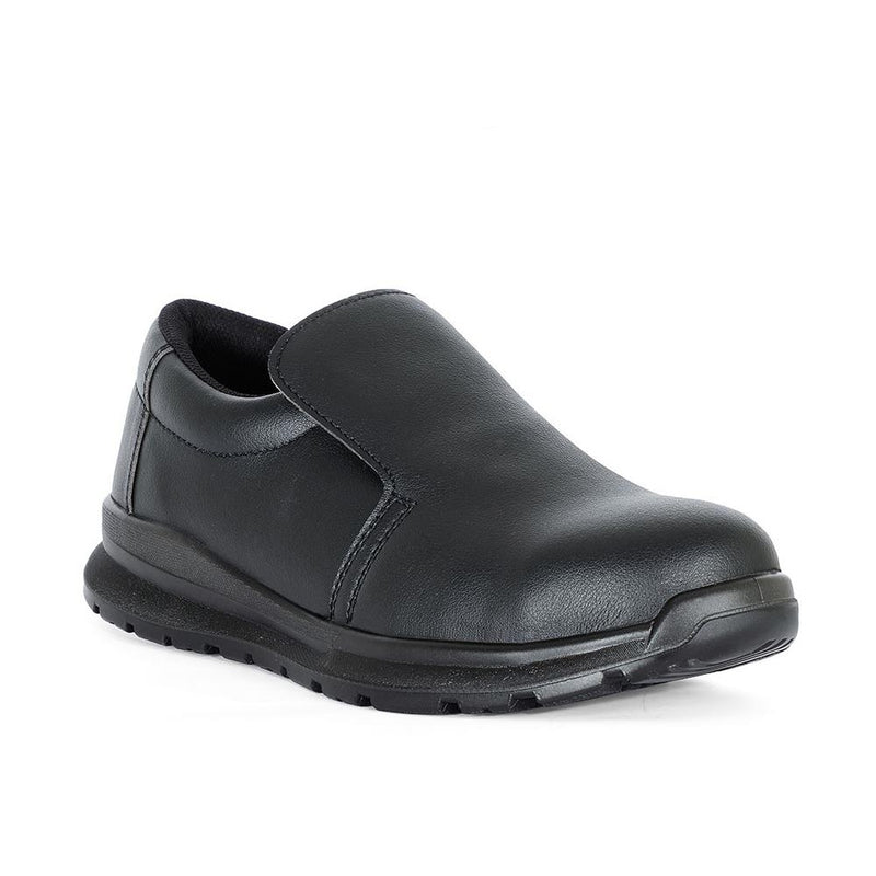 Load image into Gallery viewer, JB's Microfibre Safety Shoe, Black, features a sleek slip-on design with a padded collar and rugged rubber sole, ideal for workplace safety with its steel toe cap and slip-resistant, oil-resistant sole.

