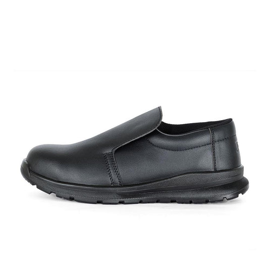 JB's Microfibre Safety Shoe, Black, features a smooth slip-on design with a rounded toe, low heel, and textured rubber sole, highlighting its impact-resistant steel toe cap and anti-slip properties.