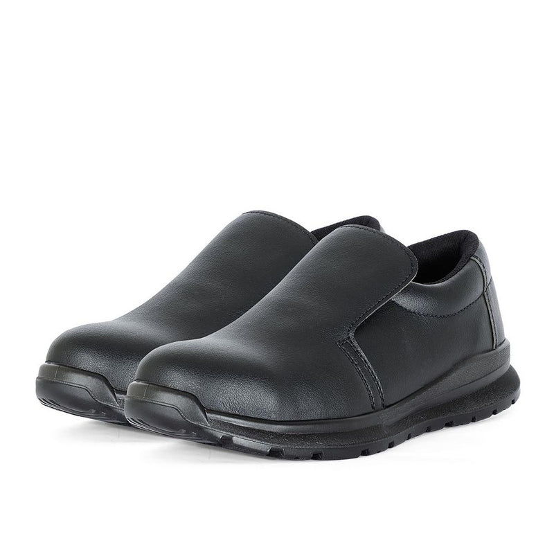 Load image into Gallery viewer, JB's Microfibre Safety Shoe, Black, showcases slip-on design with smooth leather-like uppers, chunky rubber outsoles, and steel toe caps, ideal for workplace safety with anti-static and slip-resistant features.
