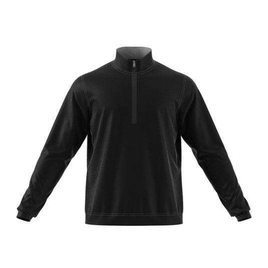 Adidas Mens Elevate Quarter Zip Pullover, Black, features a sleek half-zip design with banded cuffs and hem, crafted from recycled materials for sustainable wear, ideal for active lifestyles and workplace comfort.