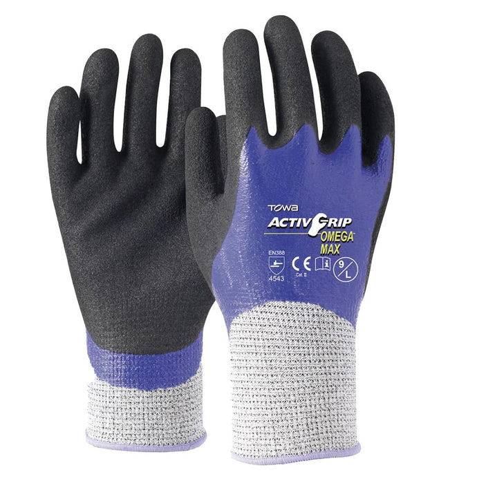 Towa ActivGrip Omega Max Cut 5 Glove with grey cuff, blue backhand, black textured palm, featuring CE markings, offers premium grip and Level 5 cut protection, ideal for workplace safety.