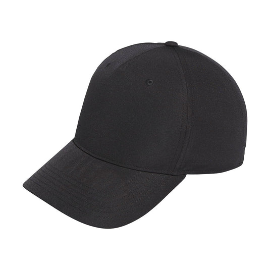 Adidas Performance Cap featuring a simple, solid-black design with a five-panel construction and pre-curved brim, perfect for active safety needs. Adjustable snapback closure ensures a comfortable fit.
