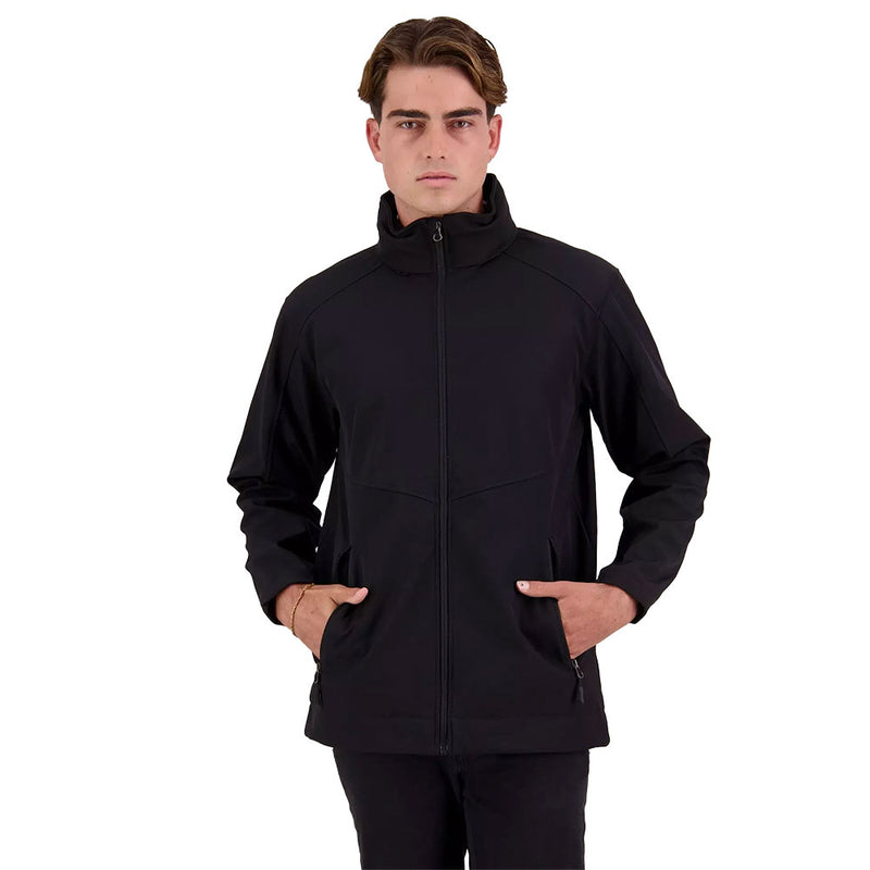 Load image into Gallery viewer, Close-up of a man wearing the Aspiring Soft Shell Jacket, showcasing its sleek, longer design with a fold-away hood, zippered pockets, and adjustable waist, ideal for versatile, weather-resistant protection.
